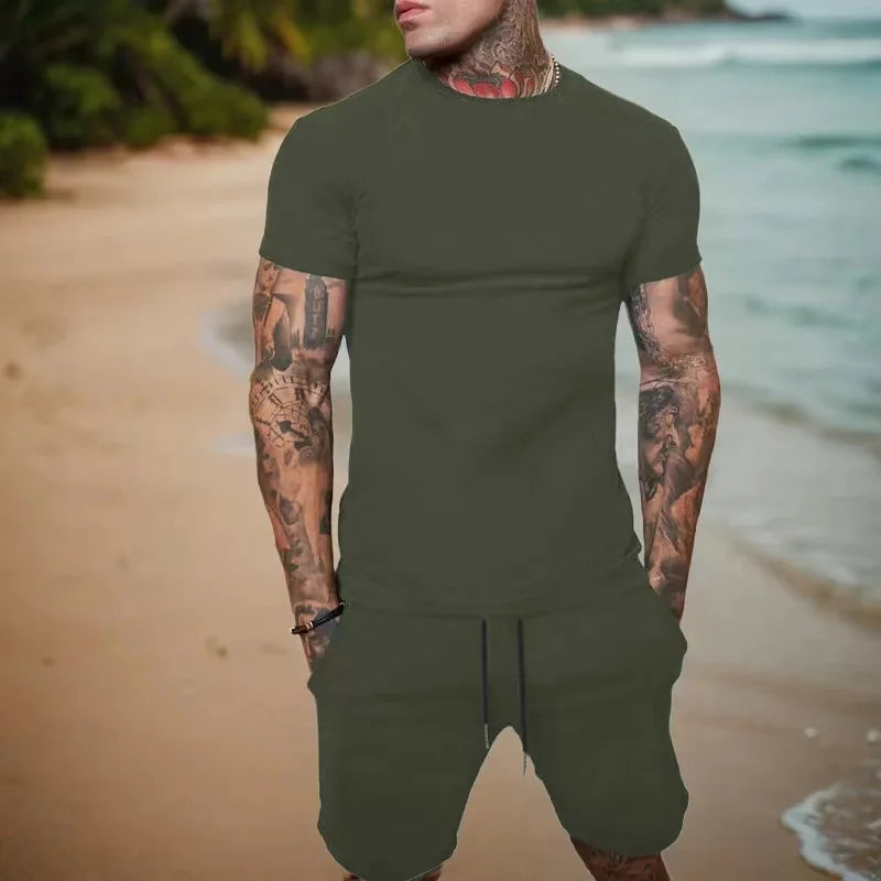 2026 Fashionable and casual summer outdoor sports suit men's breathable T-shirt shorts casual and fashionable two-piece set