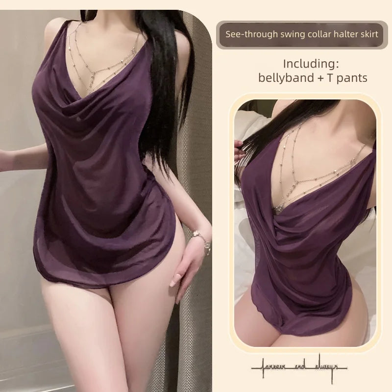 Pure Desire Halter Neck Mesh Swing Collar Beautiful Breasts Halter Sexy Nightdress Sexy Temptation Mesh See-through Pajamas