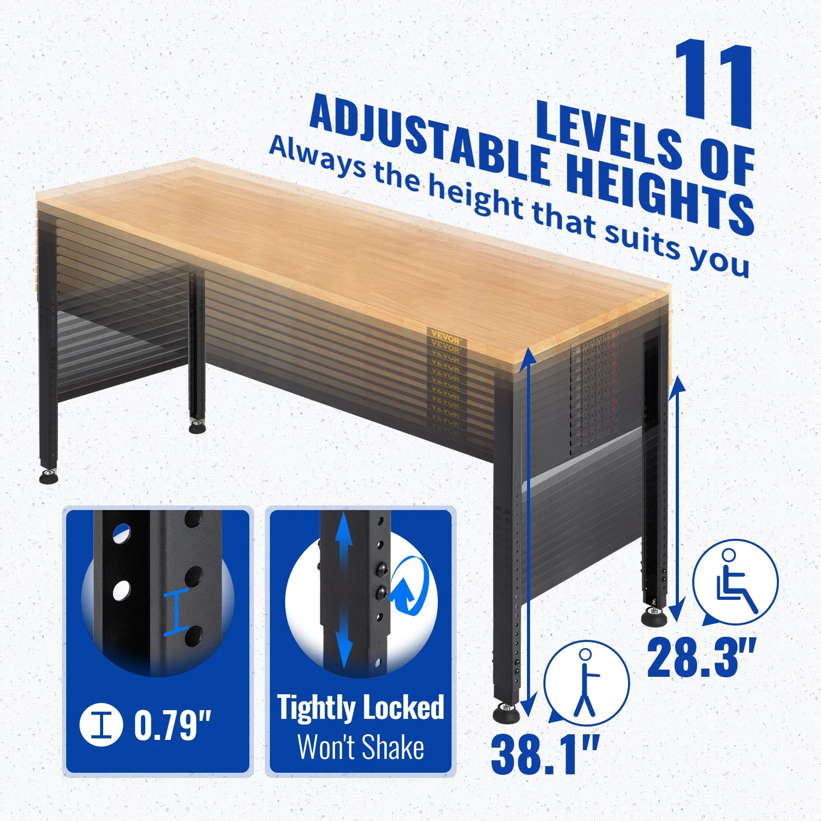 SucceBuy 72cm Woodworking Workbench Adjustable Height Oak Wood Hardwood Top Work Table 900KG Capacity for Office Home Workshop
