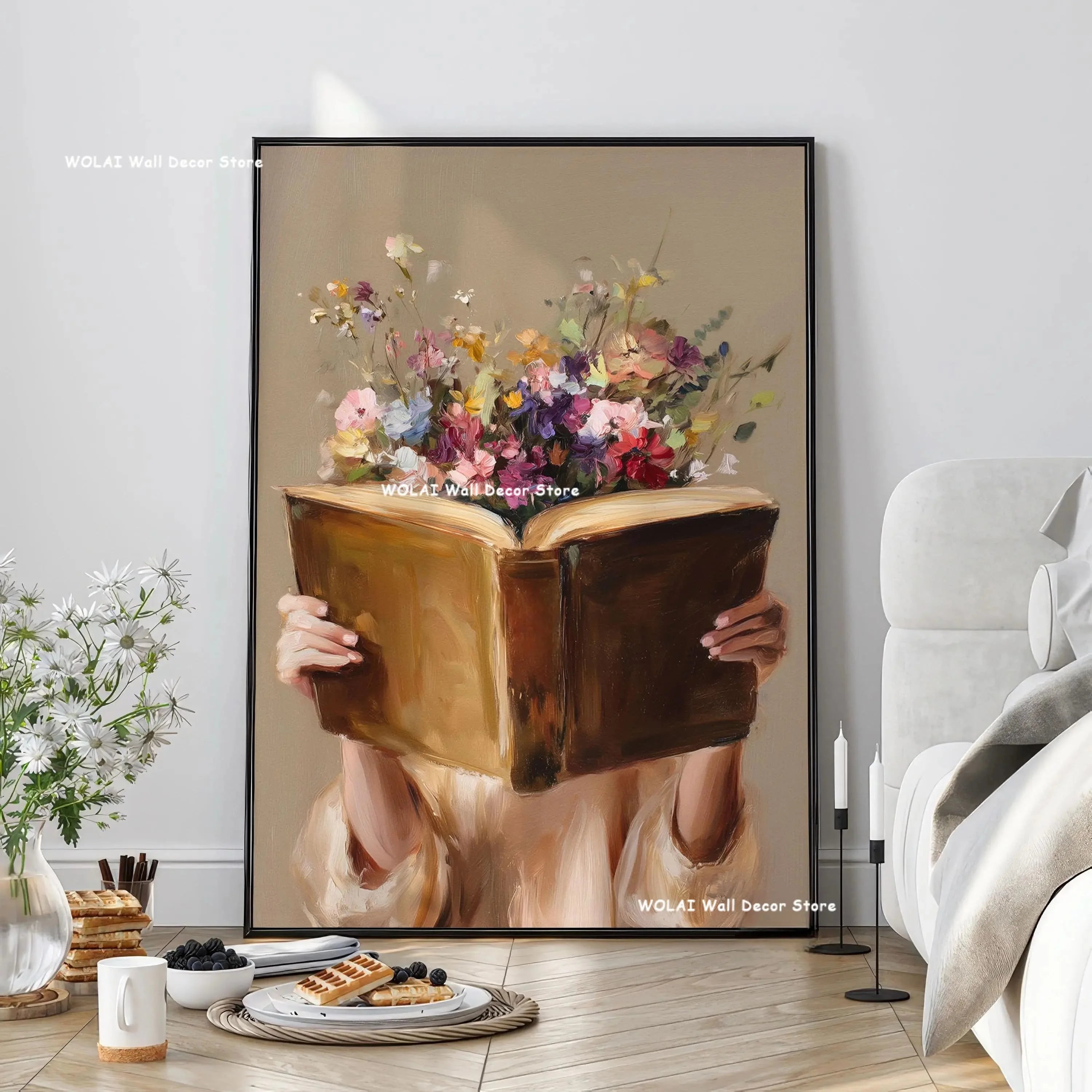 Green Abstract Figures Canvas Print with Flower Woman Minimalist Japandi Female Portrait Art Poster for Modern Living Room Decor