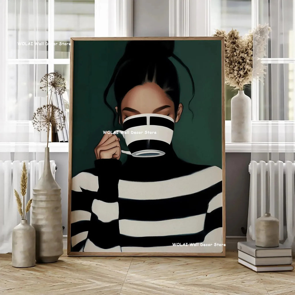 Green Abstract Figures Canvas Print with Flower Woman Minimalist Japandi Female Portrait Art Poster for Modern Living Room Decor