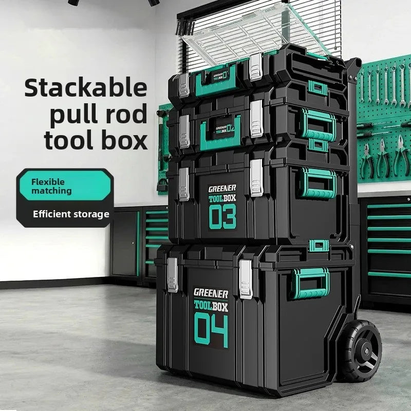Toolbox hardware storage box, large capacity combination stacking box, pull rod industrial grade new set, hand-held toolbox
