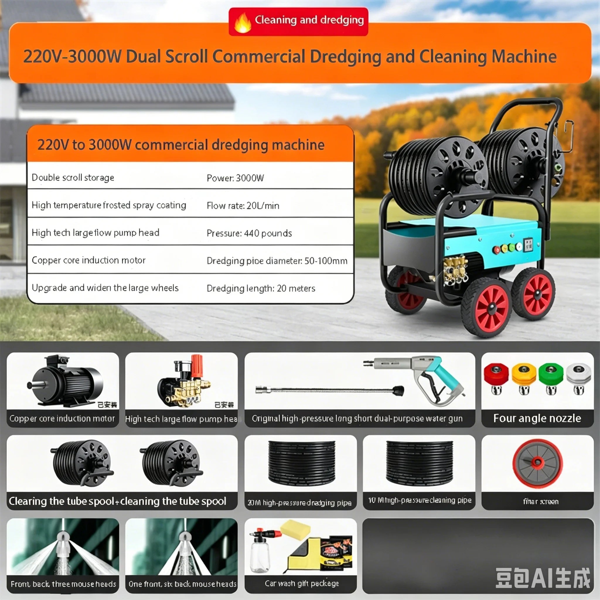 220V High Power High Pressure Water Jet Cleaner, Commercial Pipe Dredging Machine for Car Washing Sewer Drain Unclogging Propert