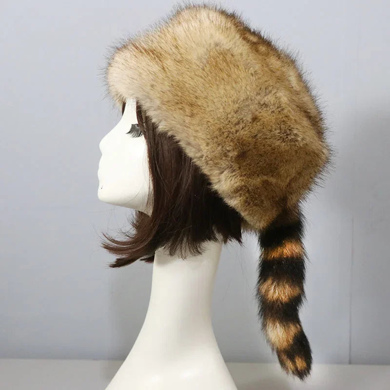 Autumn and Winter New Fashion Flat Top Russian Style Hat Warm Thicken Plush Raccoon Hat for Adult Kids Unisex Fur Hat Winter