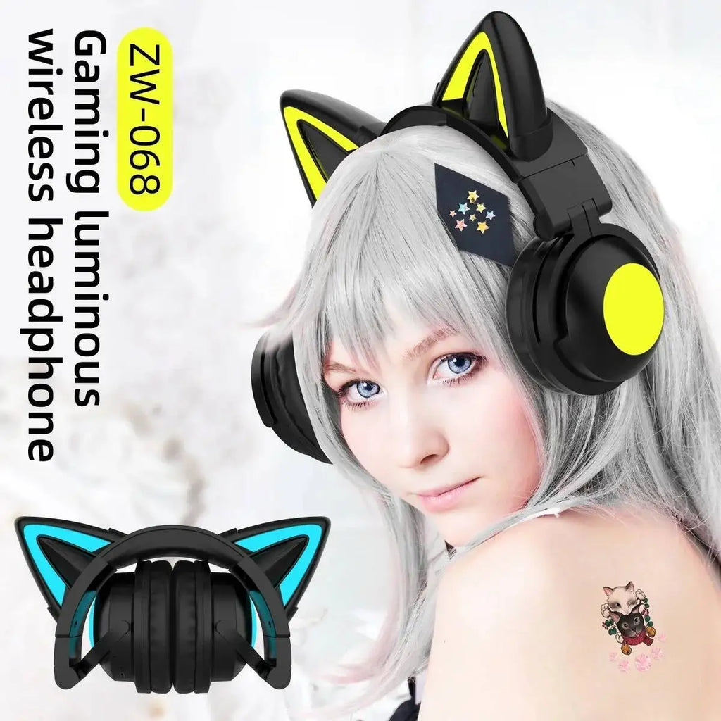 Head Mounted Cat Ear Glowing Bluetooth Earphones, High-definition Microphone, Foldable Storage, Compatible With Multiple Devices