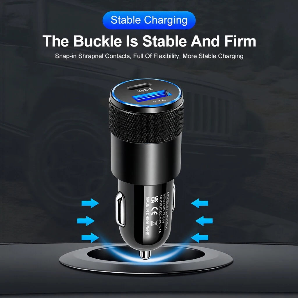 Dual USB Car Charger 15W Fast Charging Type C Adapter Constant Temperature  Metal Textur Car Phone Charger For iPhone For Samsun