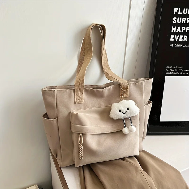 Multi Compartment, Zipper Closure, Women's Bags Large Capacity Japanese Style Tote Bag, Cute Plush Fixed Strap, Casual Elegance
