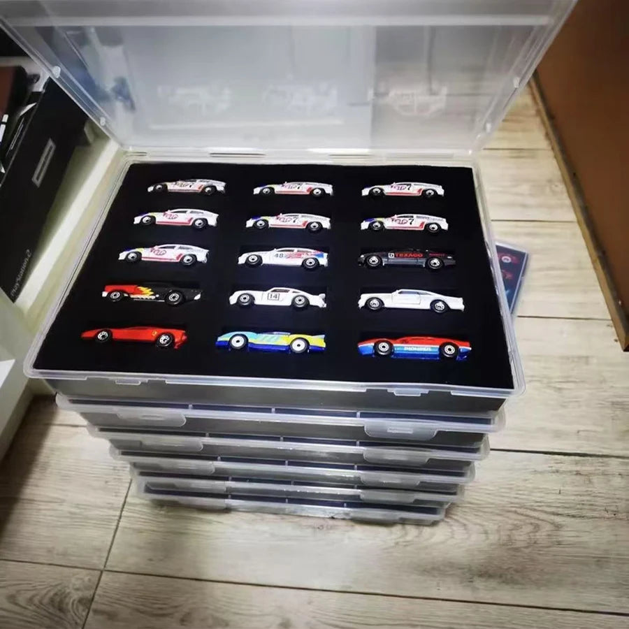 Transparent Storage Box with Lid and Cotton Plate, 15-position Display Case for 1/64 Car Models, Hot Wheels Showcase