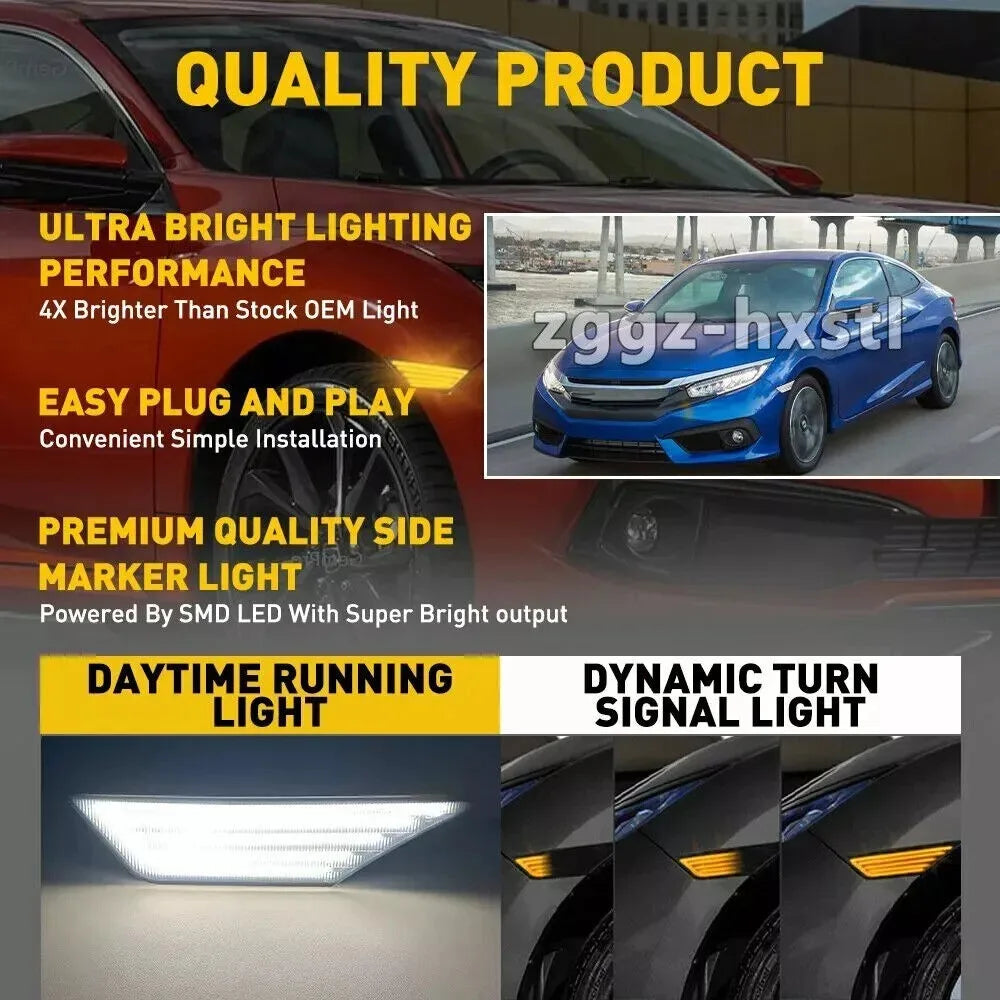 Car Turn Signal Light LED Side Marker Lights for Honda Civic 2016 2017 2018 2019 2020 2021 Car Fender Position Lamp White Yellow