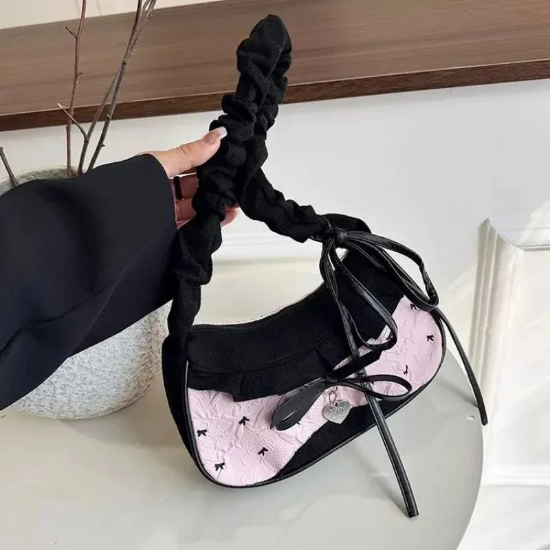 Y2K Grid Bowknot Underarm Bag Women Lace Shoulder Bag Korean Style Aesthetic Handbag Large Capacity Crossbody Bag Fashion Cute
