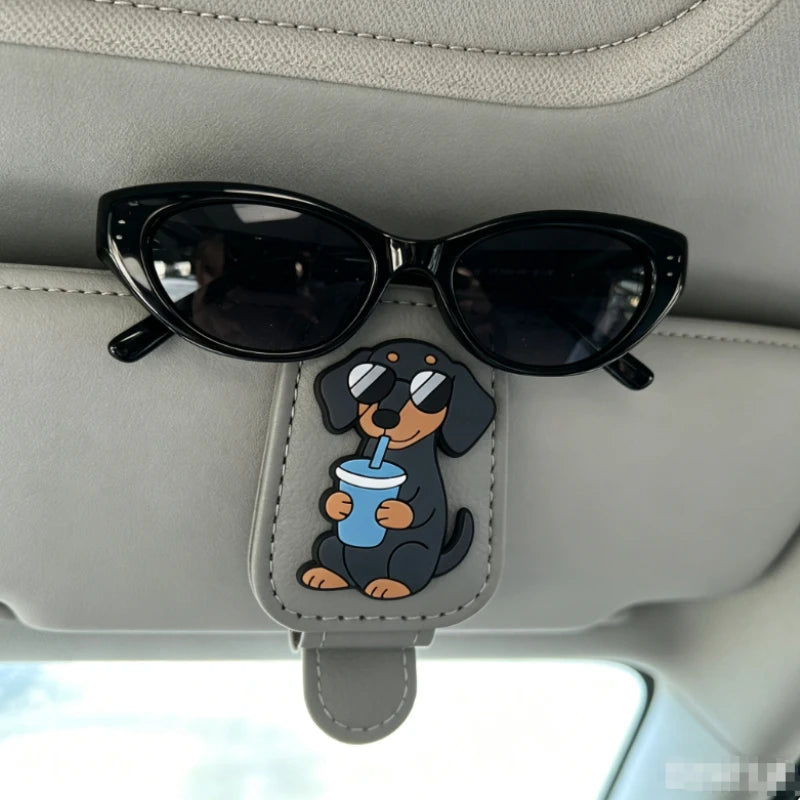 Car Sun Visor Sunglasses Clip Cute Dachshund Dog Cup Leather Glasses Holder Auto Eyeglasses Storage Car Accessories