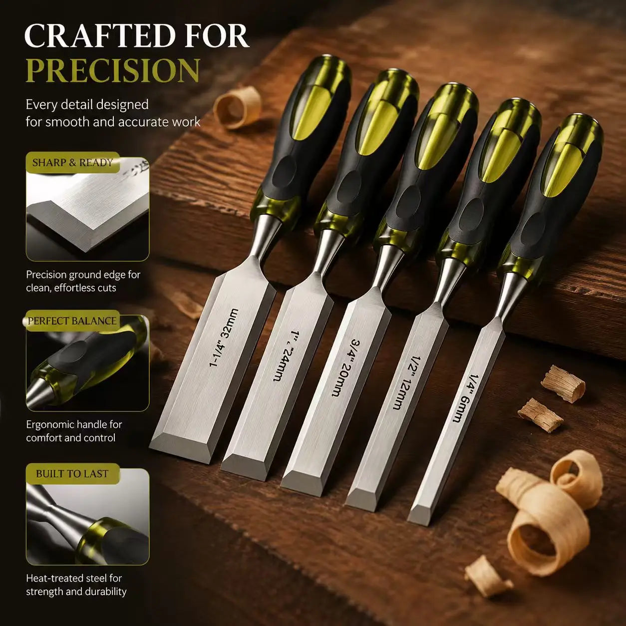 5Pcs Wood Chisel Kit Heavy Duty Carbon Steel Wood Carving Chisels 1/4"-1-1/4" Ergonomic Handle Woodworking