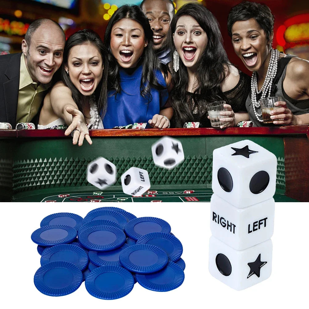 27pcs Acrylic Games Dices 3 Dices and 24 Chips Left Right Center Dice Game Novelty Toys for Party Picnic Games