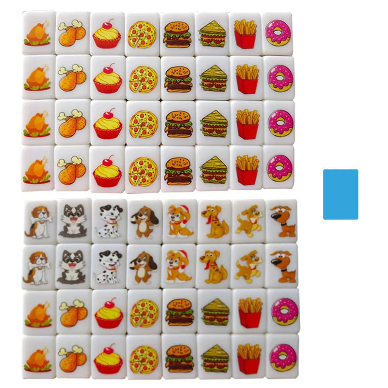 64 Pcs Food and Ball Flag Pattern Mahjong with Animals Mahjong Board Game Single and Double Play Kids Learning Educational Toys