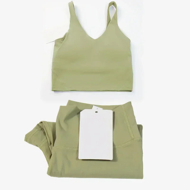 Classic women's 2-piece yoga outfit: U-shaped camisole top & high-waisted nude-feel leggings, suitable for fitness and workout.