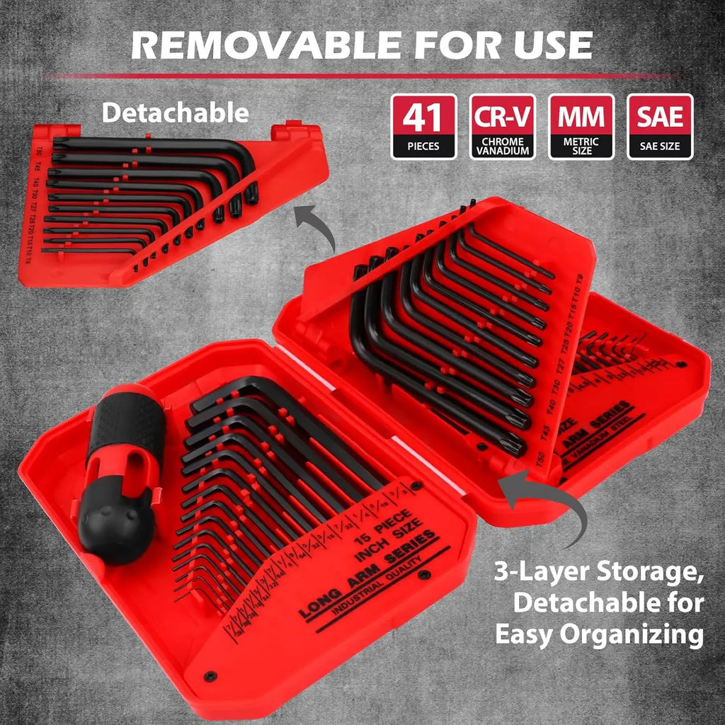 SEDY 41PC Hex Key Allen Wrench Set L-Shaped SAE & Metric Torx Key Wrenches with Torque Handle 0.028' to 3/8' 0.7mm to 10mm