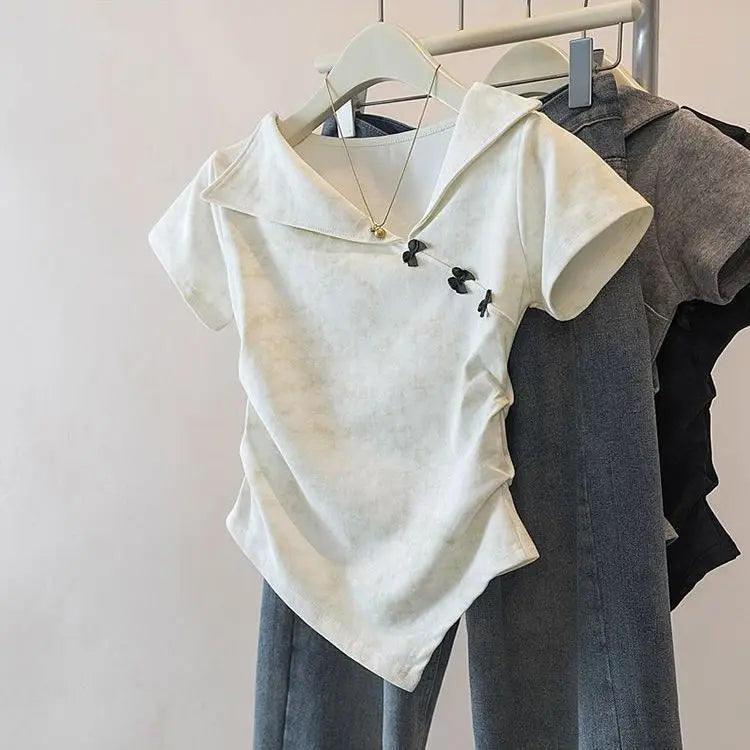Spring and Summer Plus Size Women's New Design Notched Collar Waist-Cinching Slimming and Hiding Flesh Short-Sleeve T-Shirt