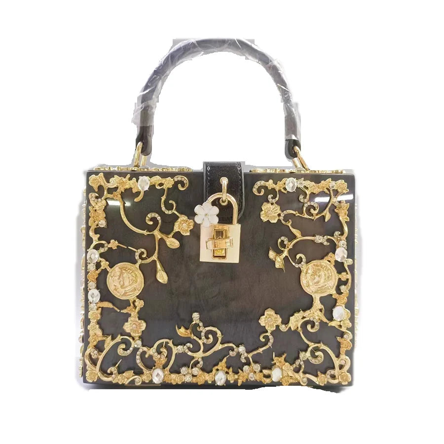 Luxury Acrylic Crystal Evening Bag Female New Hollow Out Metal Carved Flower Diamond Handbag Box Chic Shoulder Crossbody Bag Sac