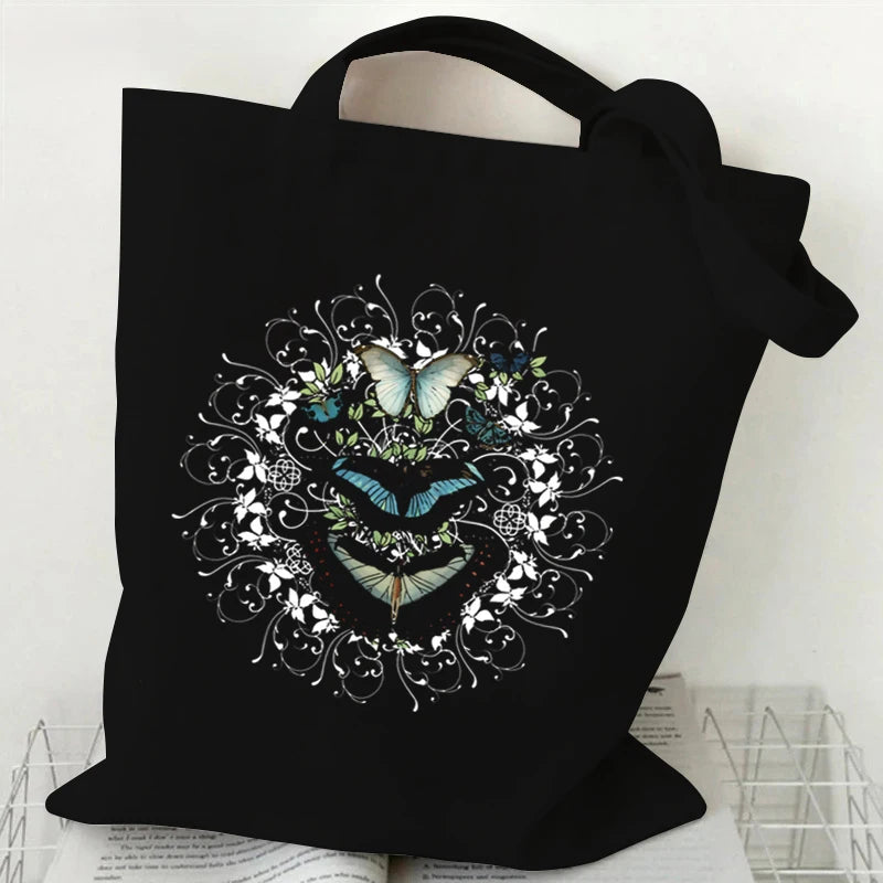 Flower Butterfly Design Canvas Shopping Bag Hot Selling Fashion Reusable Women Tote Bags Butterfly Lover Folding Shopping Bags