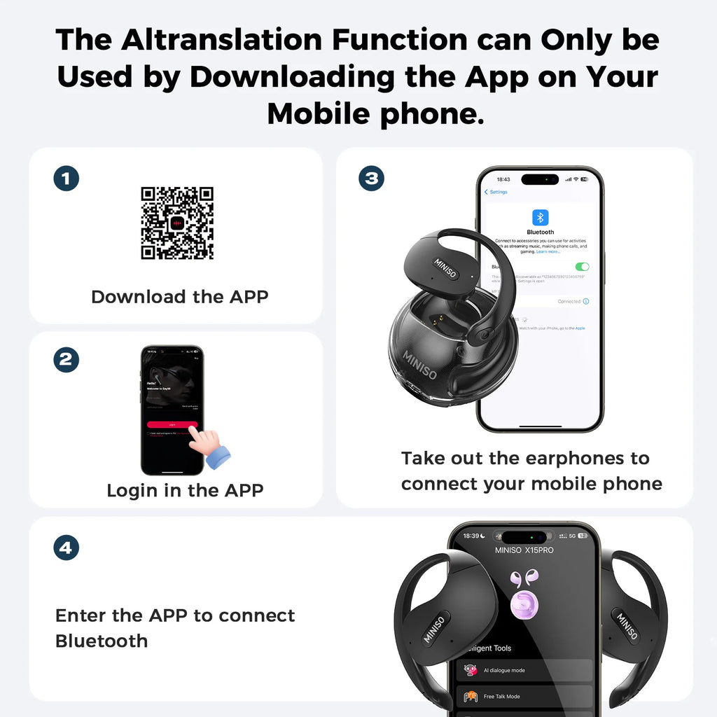 Translator MINISO X15Pro 5.4 Bluetooth Headset Translation Earphones Wireless Headphones Office Travel,ASMR Headset APP