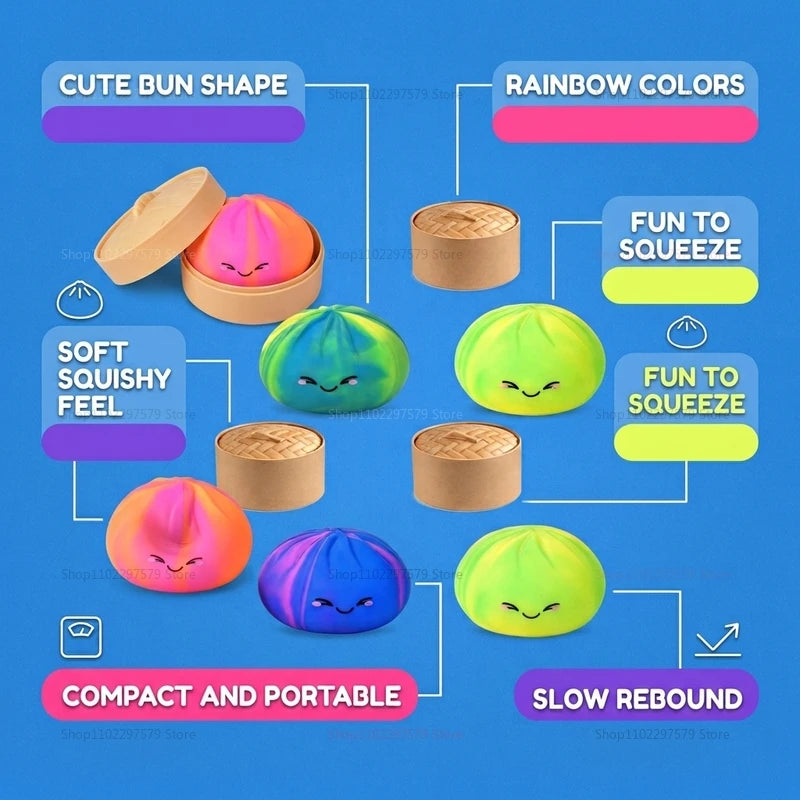 Rainbow Dumpling Squishies with Steamer Box Soft Stretchy Bao Bun Stress Relief Balls Sensory Fidget Squeeze Toys Anxiety Relief