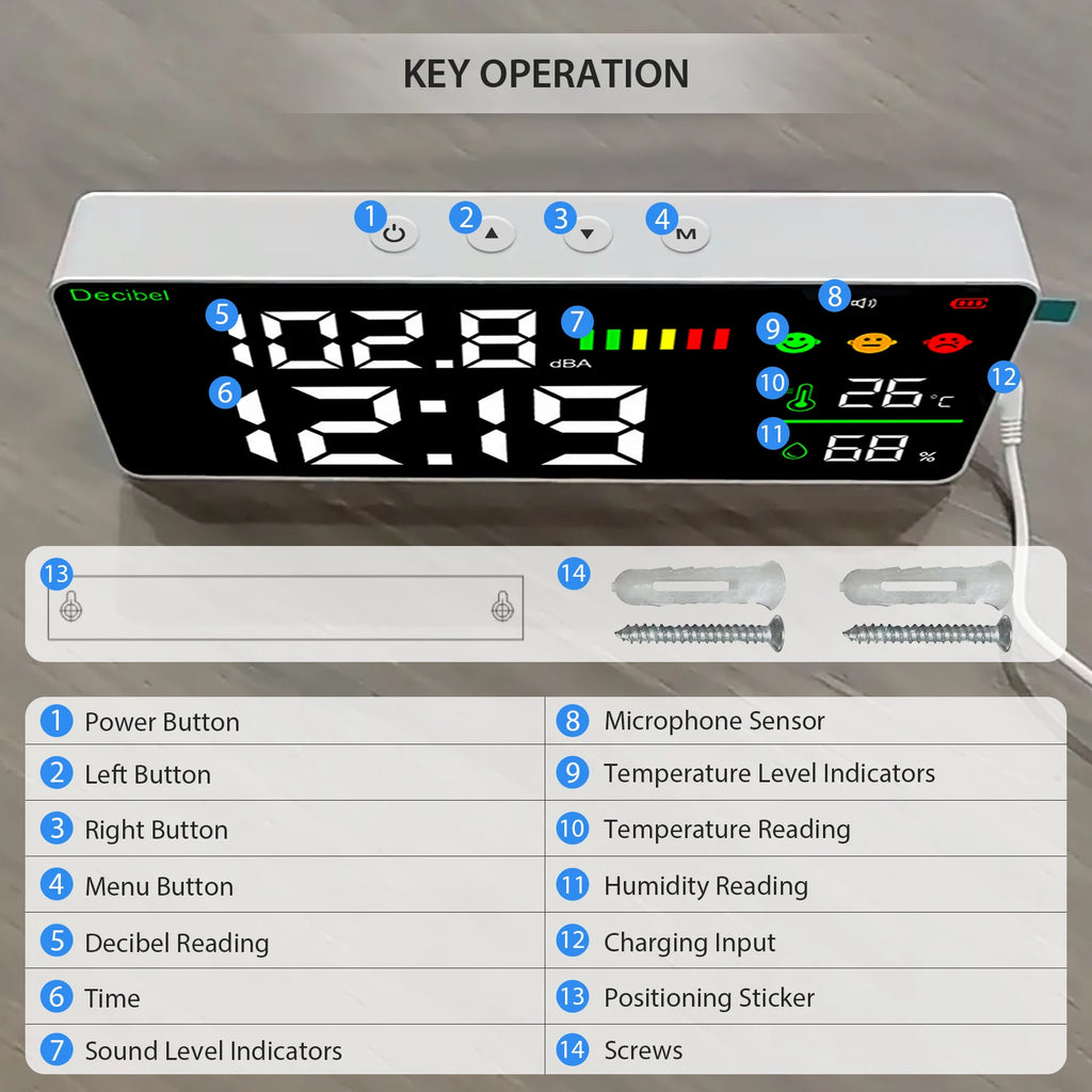 Noise dB Meter 30 - 130dB Range Precise Decibel Meter Temperature Humidity  Monitor, Large LED Screen  Adjustable Brightness