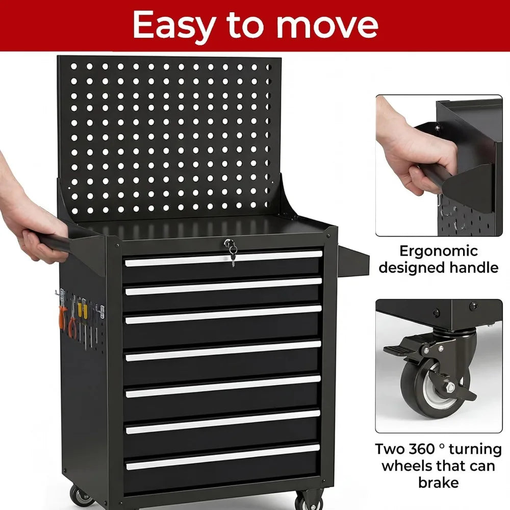Portable 7-Drawer Metal Tool Chest with Wheels and Lock for Garage and Workshop Storage