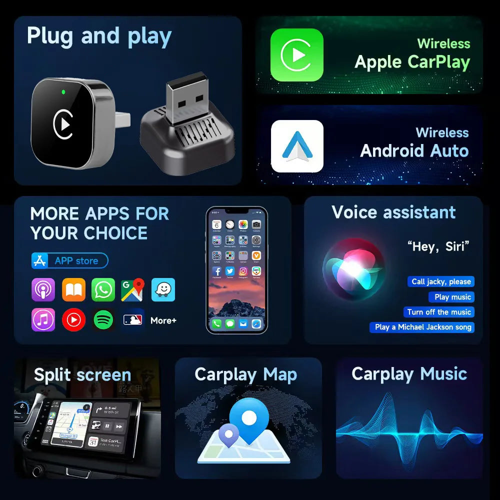 Wireless CarPlay Adapter for iPhone -Mini Plug & Play Auto Connect, 5GHz WiFi Low Latency iOS 10+ Compatible with Wired CarPlay