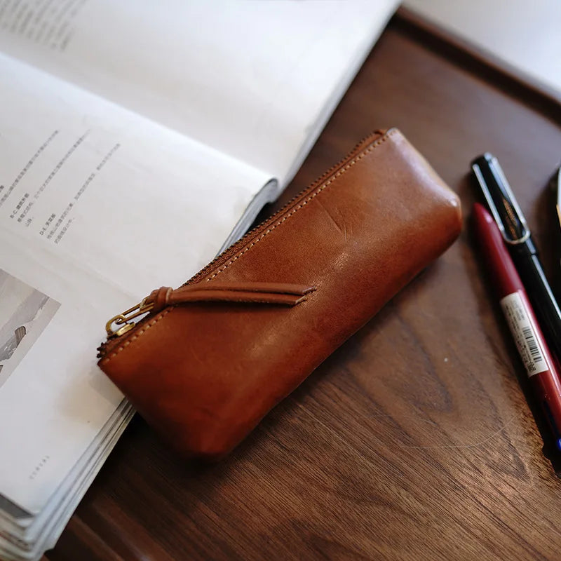 Simple leather pencil bag men and women large capacity high school students stationery bag makeup brush sub pen bag