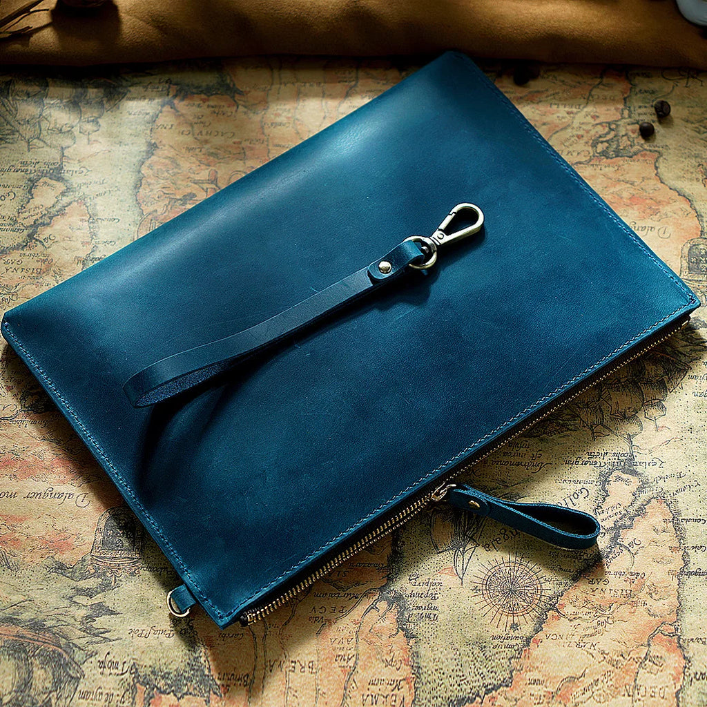 Handmade Vintage Men's Top-Grain Leather Briefcase - Medium Waxed Leather Zippered Document Organizer Clutch Bag
