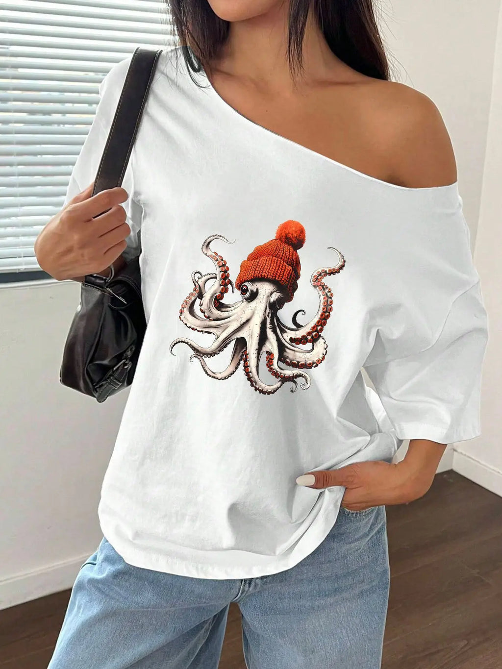 100% Cotton Plus Size Octopus Beanie Graphic Print Shoulder Loose Print T-Shirt Oversized Y2K Style Graphic Tees Women Tops S