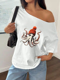 100% Cotton Plus Size Octopus Beanie Graphic Print Shoulder Loose Print T-Shirt Oversized Y2K Style Graphic Tees Women Tops S