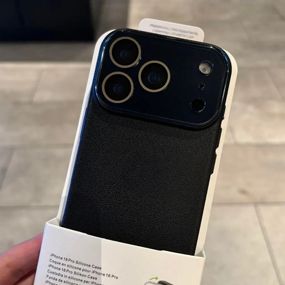 Luxury HD Hard Glass Camera Case For iPhone 17 Air 16 15 14 13 12 11 Pro Max Plus Hard PC Leather Texture Armor Shockproof Funda