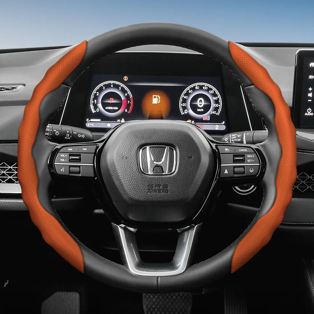 Steering Wheel Cover Suitable for Honda, Wave-Shaped Sporty Design, Breathable Leather, Segmented Design, Non-Slip