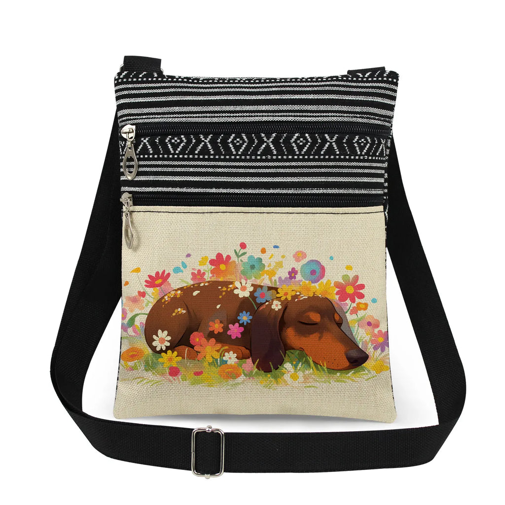 Cute Dachshund Print Crossbody Bag Female Floral Animal Shoulder Bags Fashion Outdoor Portable Double Zipper Lady Messenger Bag