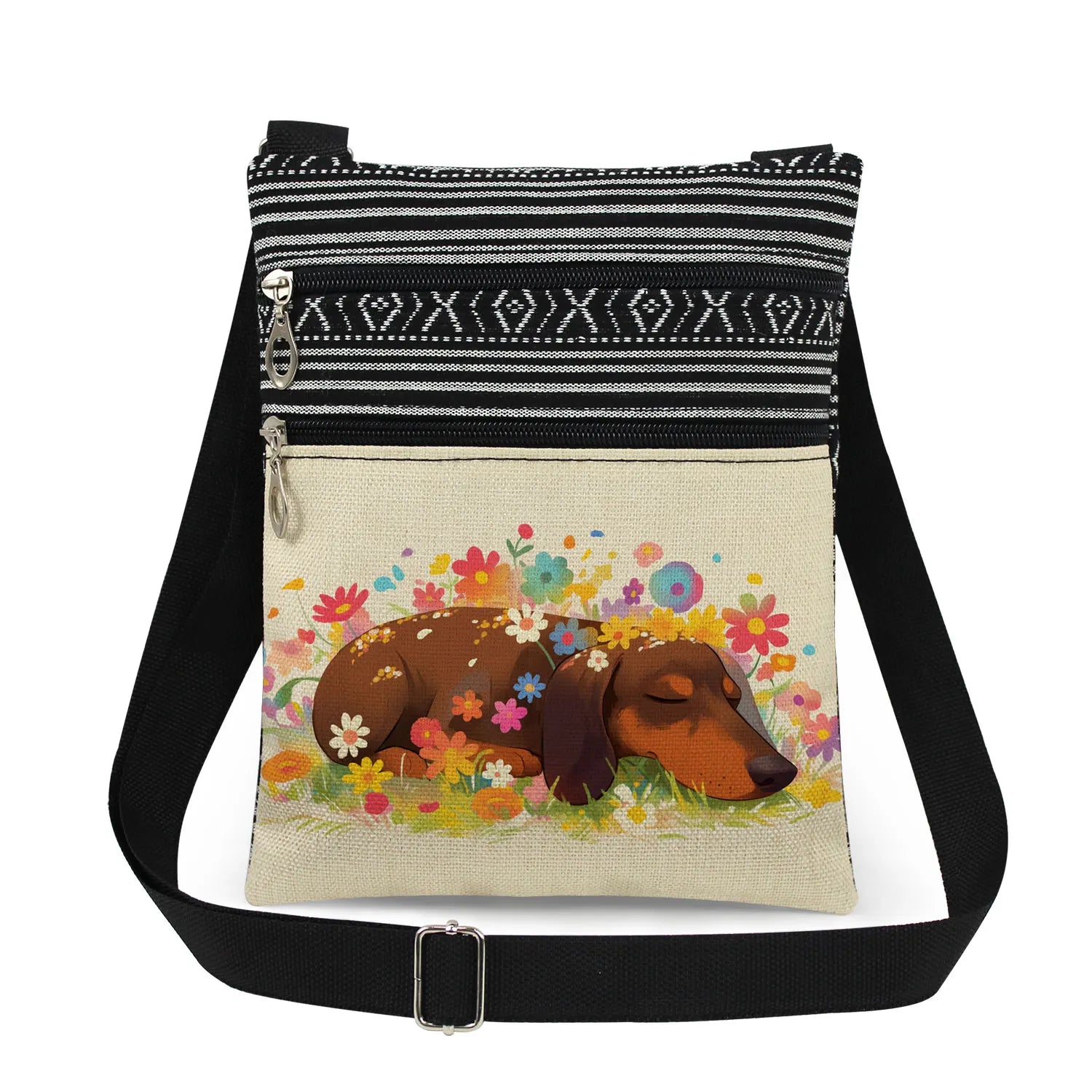 Cute Dachshund Print Crossbody Bag Female Floral Animal Shoulder Bags Fashion Outdoor Portable Double Zipper Lady Messenger Bag