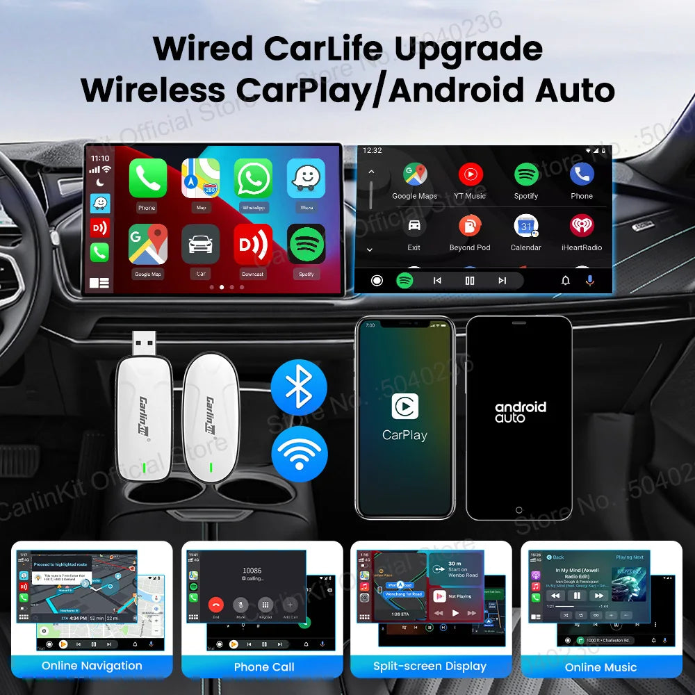 CarlinKit Baidu CarLife to CarPlay Wireless Adapter Android Auto 2 in 1 Mini Box USB Plug and Play 5.8Ghz WiFi Seamless Connect