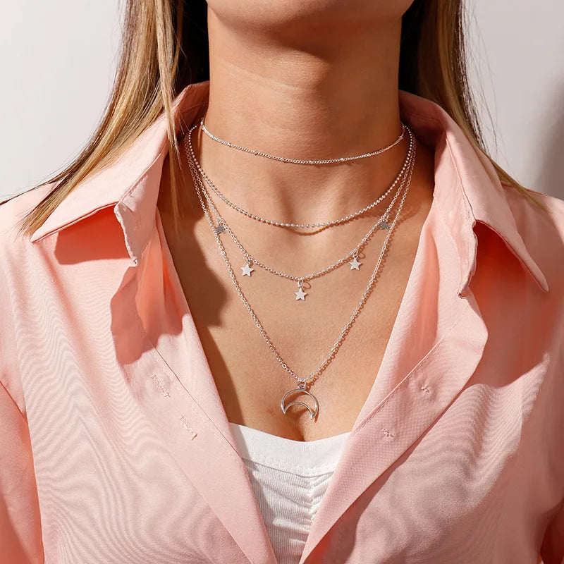 Vintage Multi Layered Moon Coin Moon Hamsa Hand Chain Necklaces for Women Boho Elephant Hearts Pendants Necklaces Jewelry