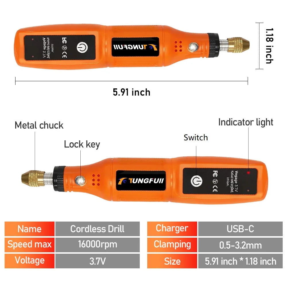 Mini Electric Rotary Tool 16000RPM USB Charging Power Tool Set 3.7V Lithium-Ion Battery Cordless Drill Pen for DIY Craft