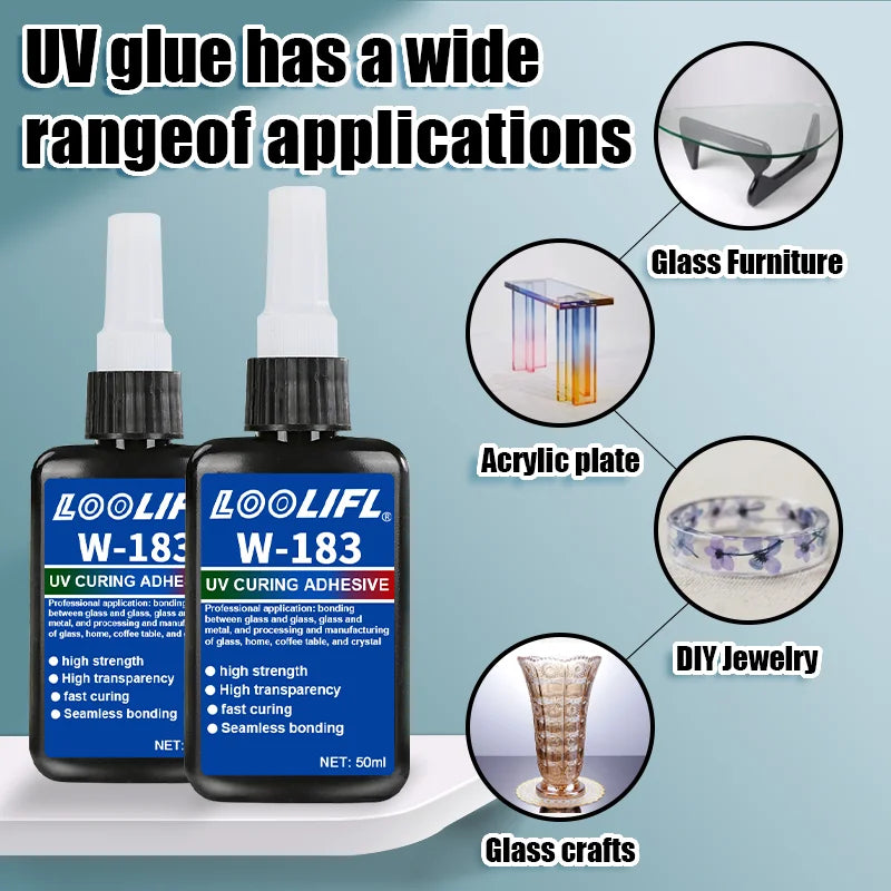 LOOLIFL New W-183 Strong 50ml UV Glue Curing Adhesive UV Curing Crystal Glass and Metal ABS Bonding Welding With UV Curing Lamp