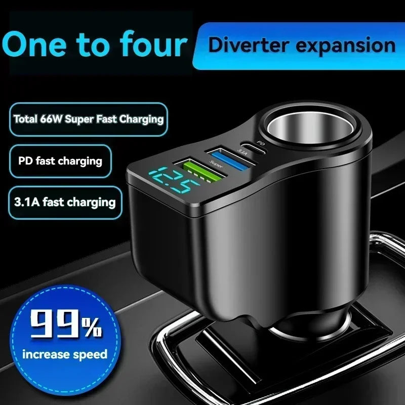 4 in 1 Retractable Car Charger with Voltage Display Cigarette Lighter PD QC 3.0 96W Super Fast Charger for iPhone Huawei Sumsung