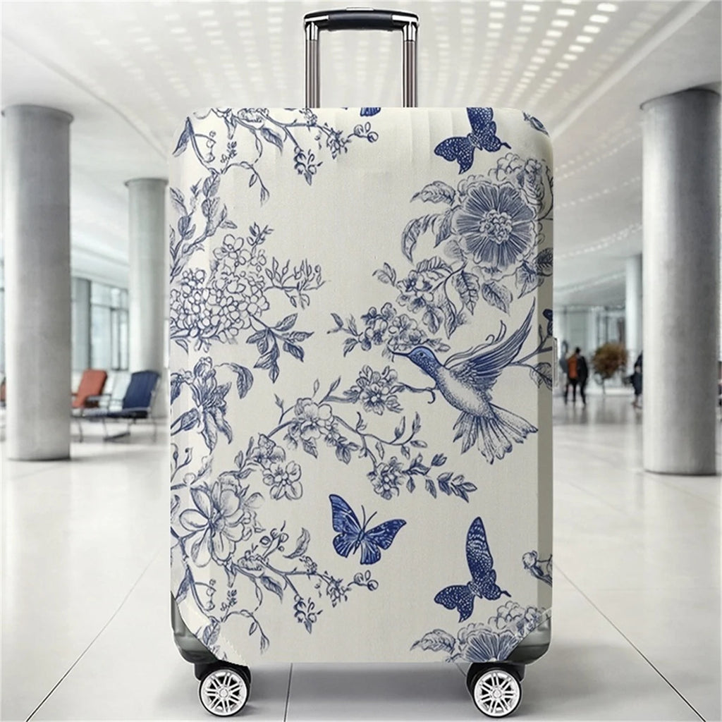 Blue and white hummingbird floral pattern luggage protection cover, suitable for 18-32 inch luggage covers, luggage handle glove