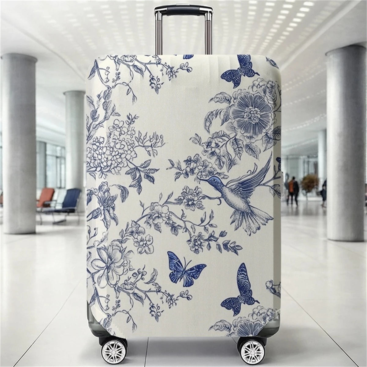 Blue and white hummingbird floral pattern luggage protection cover, suitable for 18-32 inch luggage covers, luggage handle glove