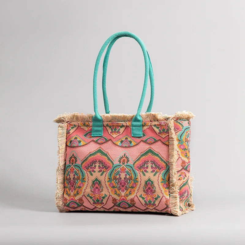 Tote bag Bohemian retro shoulder bag Zipper handbag Large capacity canvas bag Women's summer