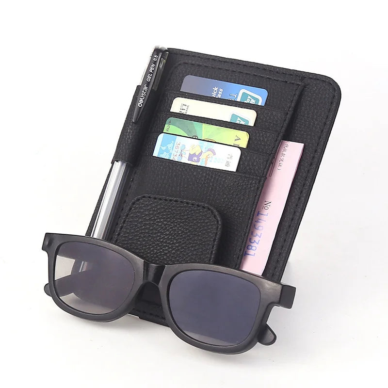 Car Sun Visor Organizer PU Leather Car Document Storage Pouch Pen Holder Multi-Pocket Sunglasses Clip Auto Interior Accessories
