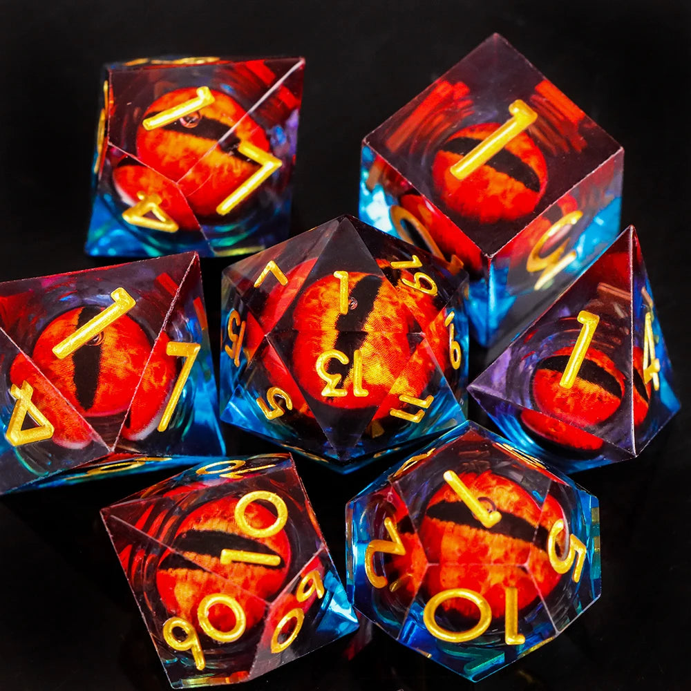 Dragon Eye Dice Set with Full Liquid Core & Sharp Edge | for D&D, Pathfinder RPG | Metallic Resin Dungeon Master Dice | for Gift
