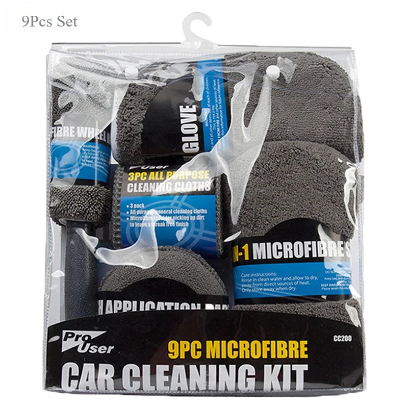 Car Wash Cleaning Set 9pcs Microfiber Towels Blush Sponge Wash Glove Polish Care Applicator Pads Auto Detailing Washing Tools