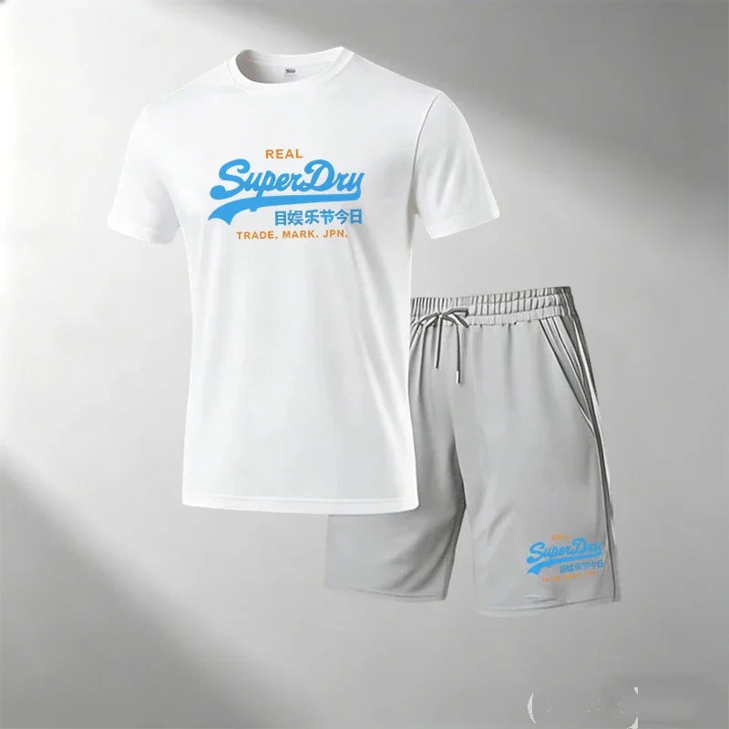 Summer Street Fitness Men's T-Shirts Sets Short Sleeve T-Shirt + Shorts Quick Dry Breathable Round Neck Running Suit Hot Sale