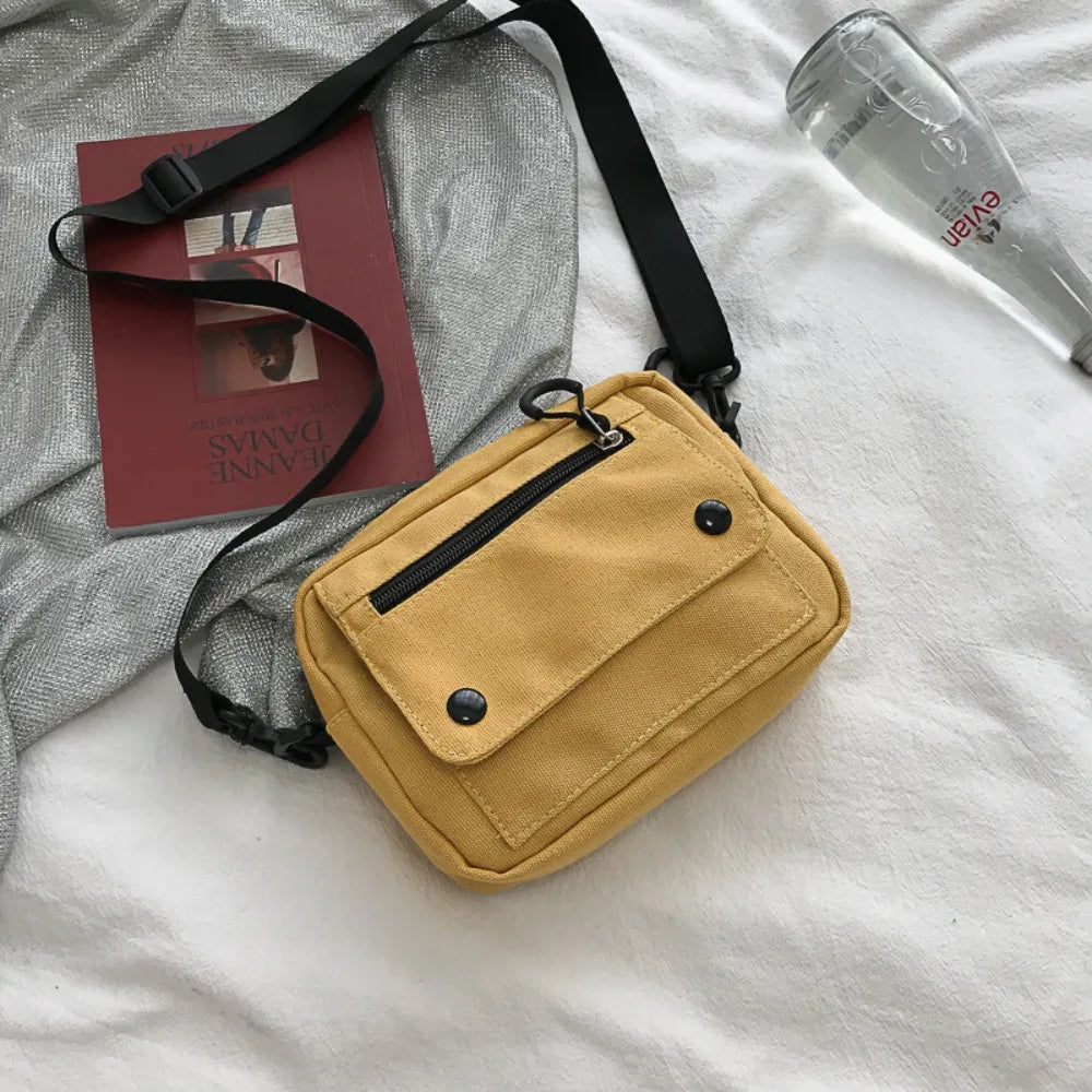 Korean Pure Color Canvas Shoulder Bag Zipper Canvas Mobile Phone Bag Multifunctional Casual Tote Handbag Women Men