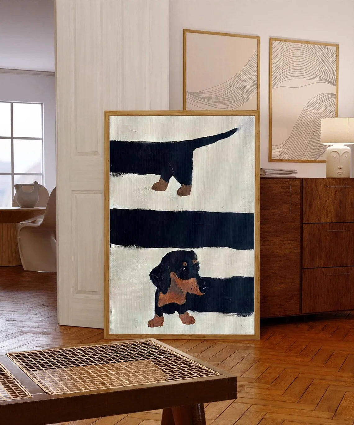 Playful Mid-Century Dog Wall Art - Textured Impasto Print of Curious Dachshunds, Blending Clean Geometric Lines with Warm Earth